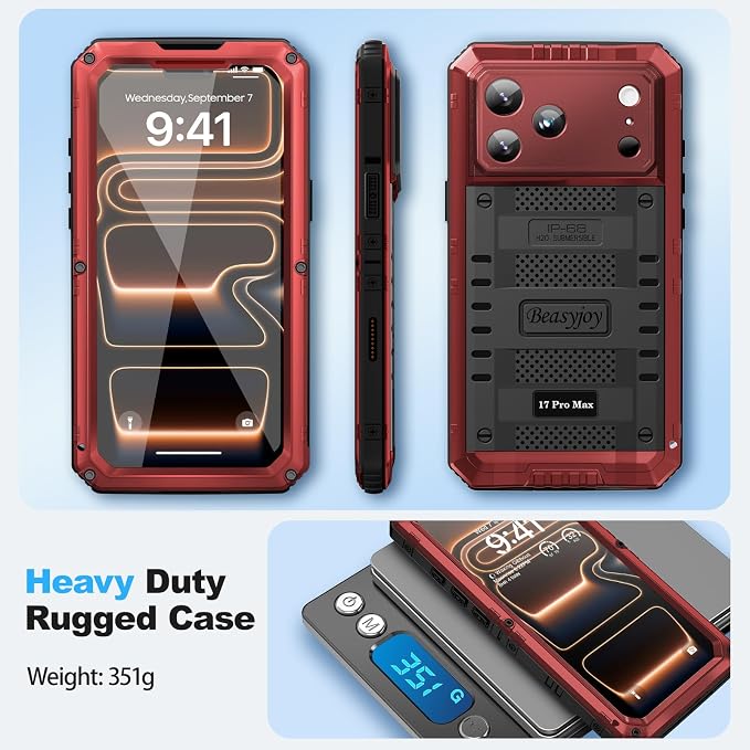 Beasyjoy for iPhone 17 Pro Max Case Waterproof, Heavy Duty Metal Case with Built-in Screen Protector, Full Body Rugged Military Grade Shockproof Dustproof Cover for Construction Outdoor 6.9", Red