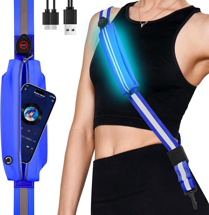 Fitense LED Reflective Belt Sash - 5 Lights Colors & 3 Light Modes High Visibility Night Safety Belt, Rechargeable Light Up Running Gear Adjustable Vest Straps for Runners Walkers Men Women