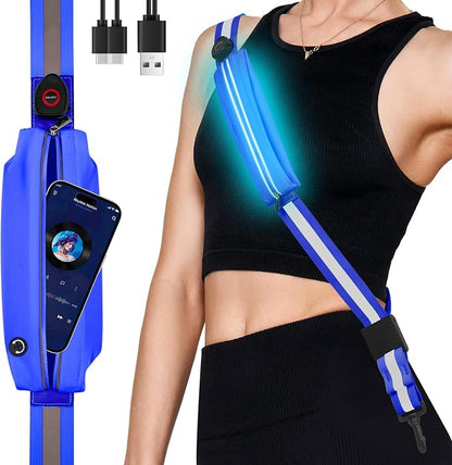 Fitense LED Reflective Belt Sash - 5 Lights Colors & 3 Light Modes High Visibility Night Safety Belt, Rechargeable Light Up Running Gear Adjustable Vest Straps for Runners Walkers Men Women