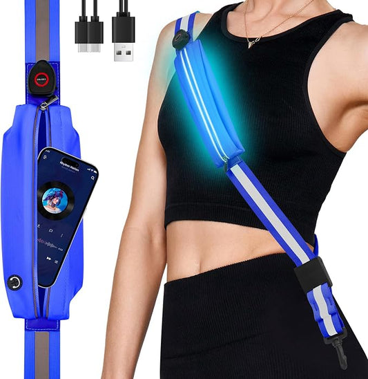 Fitense LED Reflective Belt Sash - 5 Lights Colors & 3 Light Modes High Visibility Night Safety Belt, Rechargeable Light Up Running Gear Adjustable Vest Straps for Runners Walkers Men Women