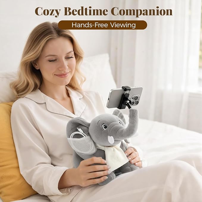 Phone Holder, Phone Mount with 360° Rotating Clip 45° Adjustable Trunk, Elephant Stuffed Animal with Ear Pockets Glasses Cloth Scarf & Back Headphone Fit, Cell Phone Holder for Desk Bed Sofa Car- Gray
