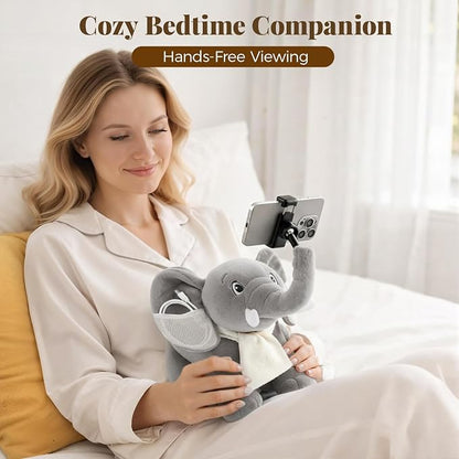 Phone Holder, Phone Mount with 360° Rotating Clip 45° Adjustable Trunk, Elephant Stuffed Animal with Ear Pockets Glasses Cloth Scarf & Back Headphone Fit, Cell Phone Holder for Desk Bed Sofa Car- Gray