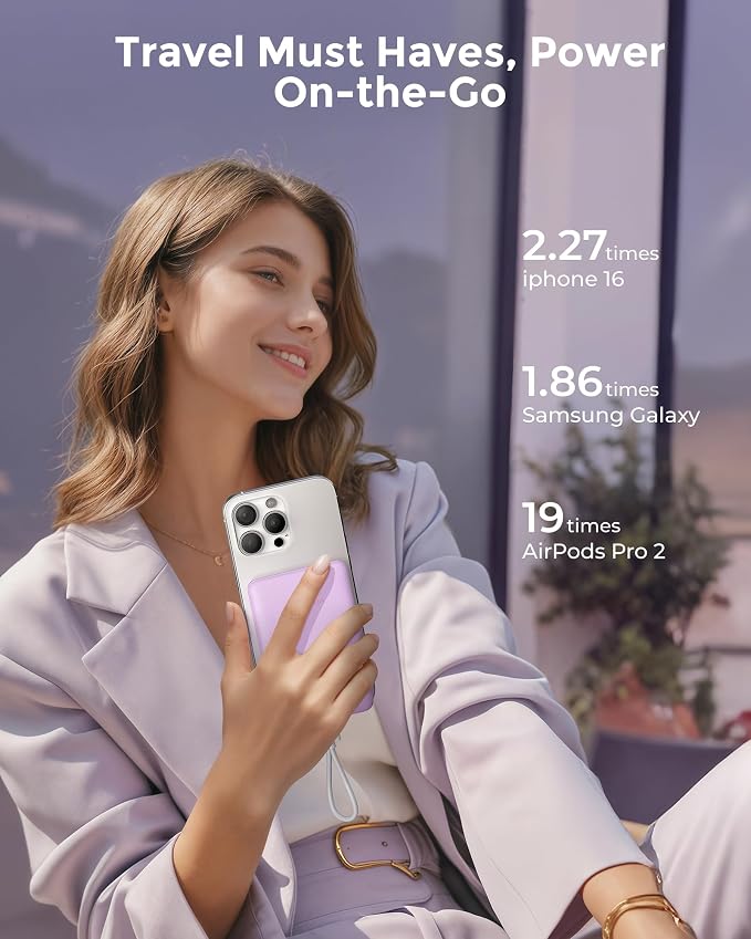 Portable Charger 10000mAh, Ultra Slim Power Bank Fast Charging with Attached USB C Cable, Travel Essential Phone Power Bank Battery Pack for iPhone 17/16/15/14 Samsung S25 Google etc, Purple
