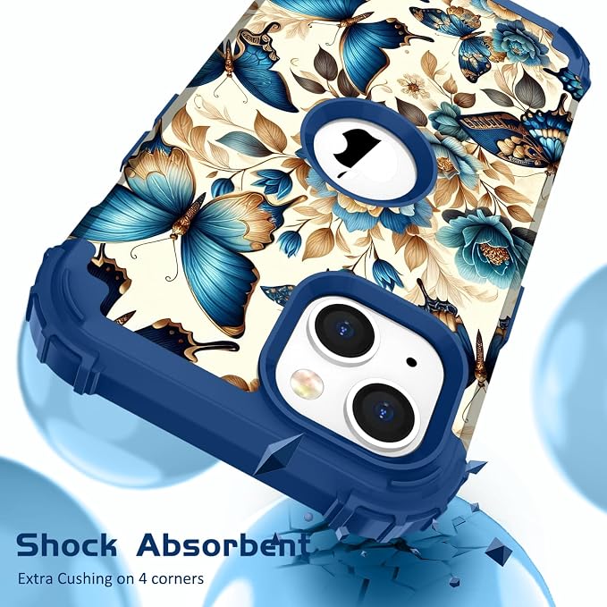 Hocase for iPhone 15 Plus Case, Heavy Duty Shockproof Protection Soft Silicone Rubber Bumper+Hard Plastic Hybrid Protective Case for iPhone 15 Plus 6.7" 2023 - Blue Butterflies