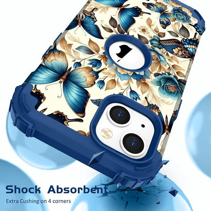Hocase for iPhone 15 Plus Case, Heavy Duty Shockproof Protection Soft Silicone Rubber Bumper+Hard Plastic Hybrid Protective Case for iPhone 15 Plus 6.7" 2023 - Blue Butterflies