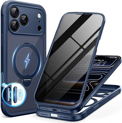 BERFY for iPhone 17 Pro Case, Compatible with MagSafe, Built in Privacy Screen Protector, Shockproof Full Body Phone Case for 17 Pro with Magnetic Stand, Clear Blue