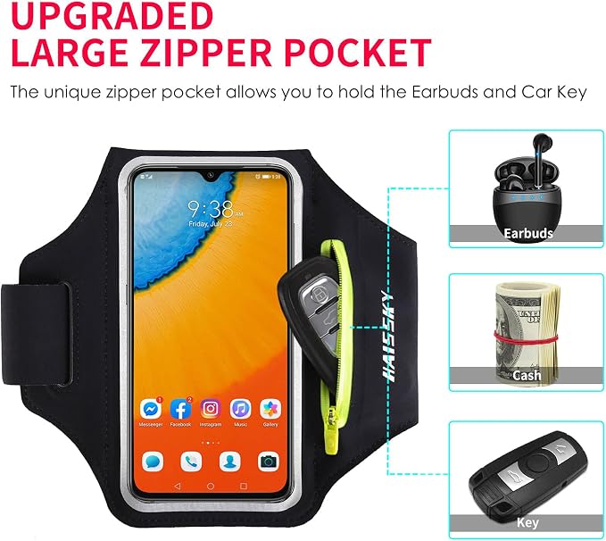 Running Armband with Earphone Bag Cell Phone Armband for iPhone 17 16 15 Pro 14 Plus 13 11 XR, Galaxy S24/S10 Water Resistant Sports Phone Holder Case & Zipper Slot Car Key Holder for 6.7 inch Phone