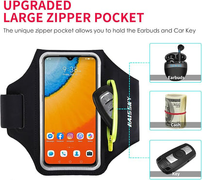 Running Armband with Earphone Bag Cell Phone Armband for iPhone 17 16 15 Pro 14 Plus 13 11 XR, Galaxy S24/S10 Water Resistant Sports Phone Holder Case & Zipper Slot Car Key Holder for 6.7 inch Phone