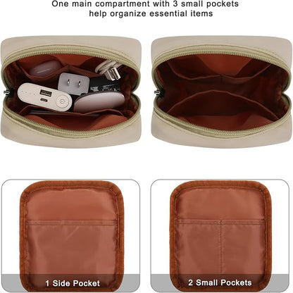 Tech Organizer Pouch, Small Multi-Pocket Electronics Case (Khaki) | Water-resistant nylon, foam padding, metal zipper, travel cable bag for charger, power bank, earbuds, SD cards and USB cables