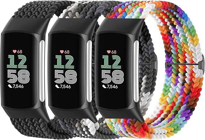 Braided Solo Loop Bands Compatible with Fitbit Charge 6/Charge 5, 3 Pack Adjustable Stretchy Wristbands Soft Woven Nylon Replacement for Fitbit Charge 5/Charge 6 Tracker Smart Watch for Women Men