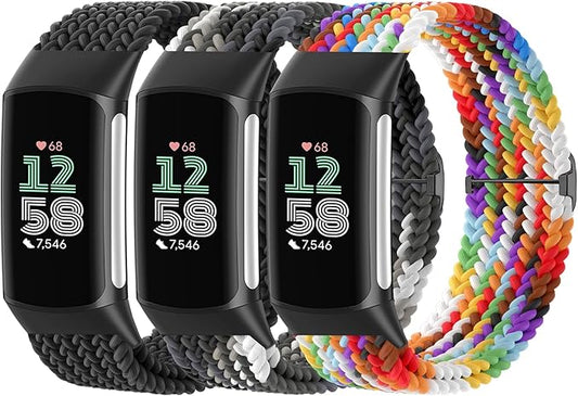 Braided Solo Loop Bands Compatible with Fitbit Charge 6/Charge 5, 3 Pack Adjustable Stretchy Wristbands Soft Woven Nylon Replacement for Fitbit Charge 5/Charge 6 Tracker Smart Watch for Women Men