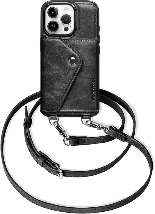 LUCKYCOIN for iPhone 16 Pro Crossbody Wallet Case – Genuine Leather Phone Purse with Adjustable Strap and Card Holder,Lanyard Phone Purse Case for Women,Vintage Black