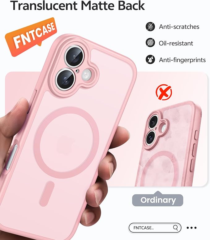 FNTCASE for iPhone 16 Plus Case: [Compatible with Magsafe] Translucent Matte Cases with [Full Camera Protection] [Screen Protector] Military Grade Shockproof Protective Phone Cover - Light Pink