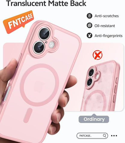 FNTCASE for iPhone 16 Plus Case: [Compatible with Magsafe] Translucent Matte Cases with [Full Camera Protection] [Screen Protector] Military Grade Shockproof Protective Phone Cover - Light Pink