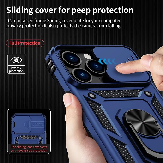 Weycolor for iPhone 13 Pro Case with Camera Lens Cover, HD Screen Protector, 10 FT Military Grade Drop Protection, Magnetic Ring Holder Kickstand Protective Phone Case for iPhone 13 Pro, Navy Blue