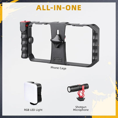 Zeadio Universal Smartphone Vlogging Kit with RGB Light & Microphone - Cell Phone Stabilizer Cage for iPhone/Android, Content Creator etc
