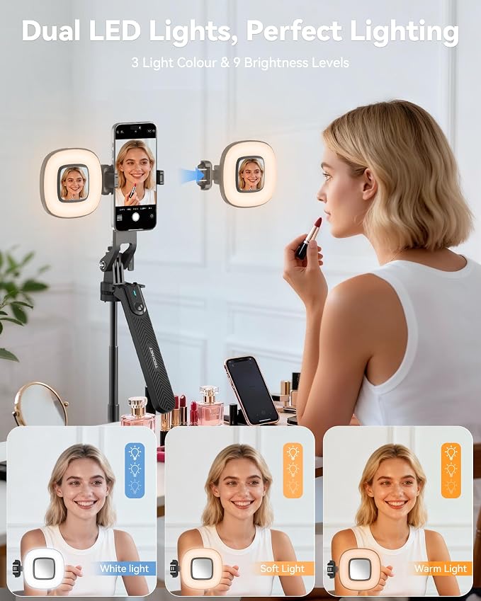 TECKNET 71" Selfie Stick Tripod for Phone with Light, Portable Extendable Cell Phone Tripod Stand with Wireless Remote and Phone Holder, with Wireless Remote Control for iPhone/Android/Camera