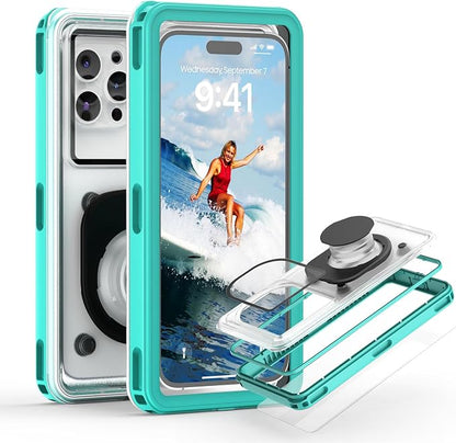 APRUT Waterproof Phone Pouch Case 7.5", 2025 Upgraded IPX8 Waterproof Phone Case for Snorkeling, Universal Fit for iPhone 16 Pro Max 15 14 13, Galaxy S25, Beach Vacation Essentials (Cyan)