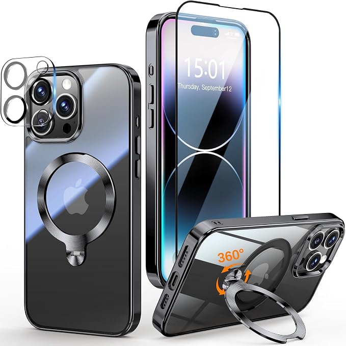 [Tri-Shield Protection] for iPhone 14 Pro Case with 360° Spin Stand Compatible with MagSafe [Magnetic CD Ring] [Screen & Camera Lens Protector] Shockproof Plating Never-Yellowing, Black-6.1"