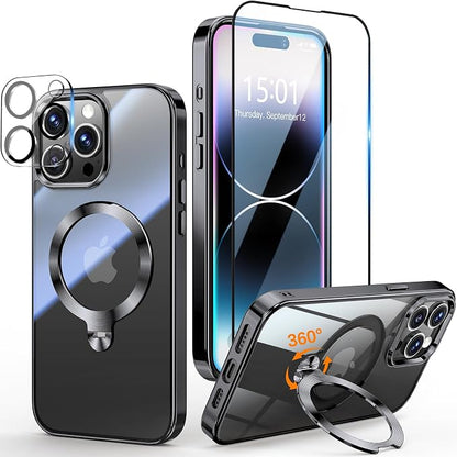 [Tri-Shield Protection] for iPhone 14 Pro Case with 360° Spin Stand Compatible with MagSafe [Magnetic CD Ring] [Screen & Camera Lens Protector] Shockproof Plating Never-Yellowing, Black-6.1"