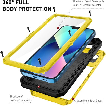 Beasyjoy for iPhone 13 Case Waterproof, Metal Phone Case with Built-in Screen Protector, Heavy Duty Full Body Protective Military Grade Shockproof Rugged Defender Cover 6.1 Inch, Yellow