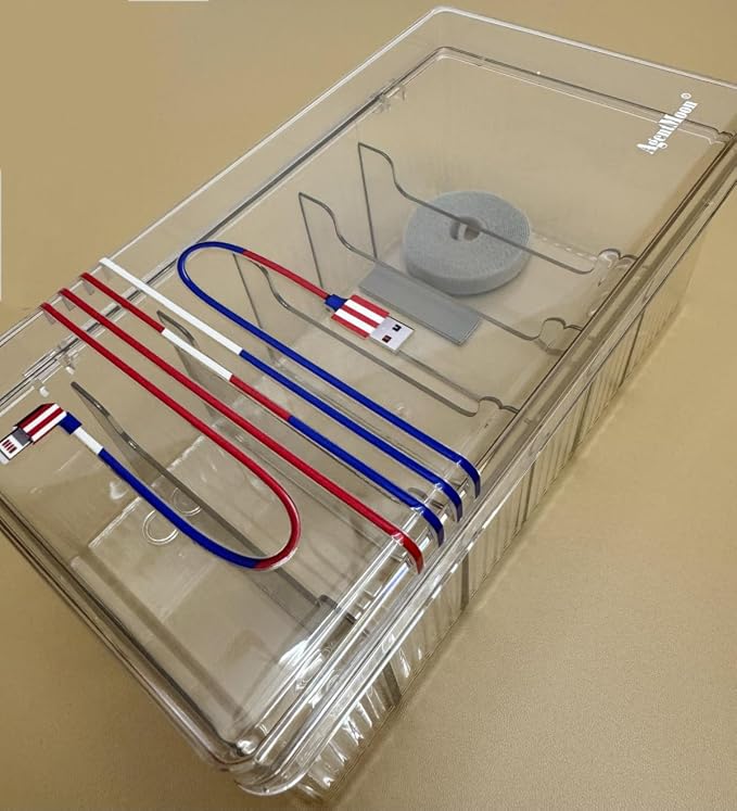 AgentMoon Clear Acrylic Cable Organizer Box with Lid, 6 Storage Slots,Color Lable Desktop Accessories Storage Box with 60 inches Cuttable Magic Lashing Straps (1PCS)