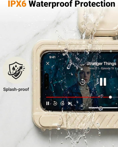 Shower Phone Holder Waterproof 360° Adjustable Rotating, Anti-Fog Touch Screen Wall Mount Phone Stand for Bathroom Mirror Bathtub Kitchen, Fits iPhone 17 16 15 Pro Max for 4-7" Cellphones Beige