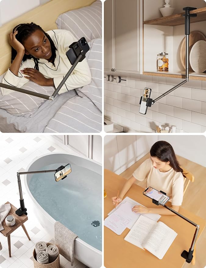 Viozon Phone Holder, Flexible Long Arm,Overhead Mount,360° Angle Adjustable,Aluminum Alloy, C Clamp for Headboard Bedside&Table&Desk,Compatible with 3.5"-6.9" Phone,iPhone 16 15Plus / Pro Max