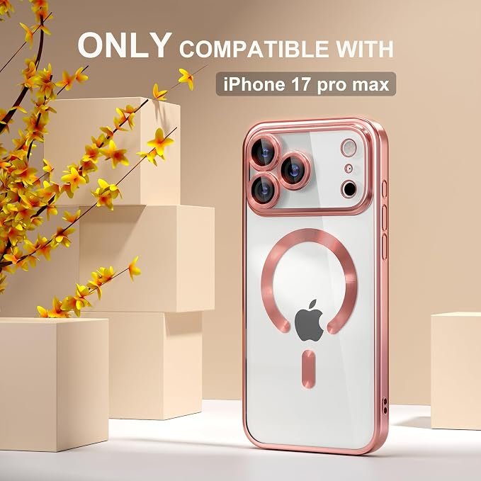 Misea Magnetic for iPhone 17 Pro Max Case Compatible with MagSafe [Never Yellowing] [Military Grade Drop Protection] Full Camera Lens Protector Plating Soft Clear Phone Case for Women, Pink