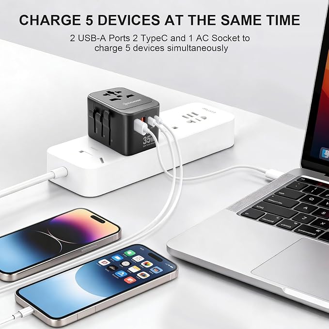 Realmade 35W PD Travel Adapter 5-Port Type C G I A Black Gray | 5-Port 1AC 2USB-A 2USB-C all-in-one international plug for EU US UK travel essential