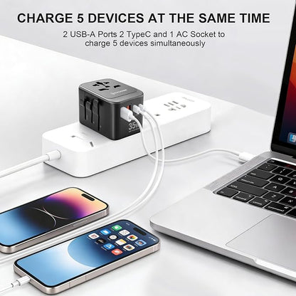 Realmade 35W PD Travel Adapter 5-Port Type C G I A Black Gray | 5-Port 1AC 2USB-A 2USB-C all-in-one international plug for EU US UK travel essential