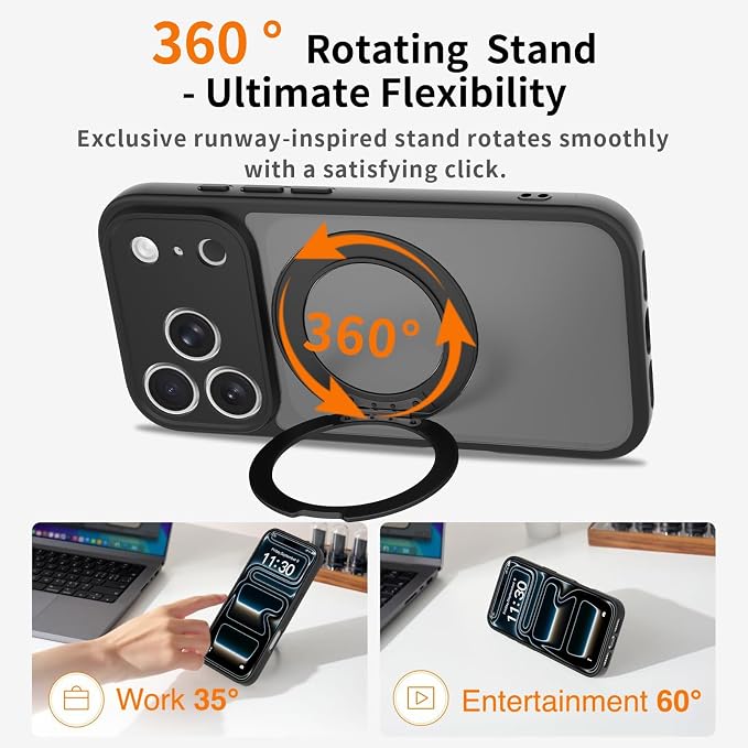 Magnetic iPhone Case [Compatible with MagSafe], Shockproof Translucent Matte Phone Case for iPhone 17 Pro Max, iPhone 17 Pro (with 360° Rotatable Ring Holder Stand) (Black, iPhone 17 Pro)