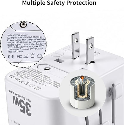 Realmade 35W PD International All-in-One Travel Adapter, 2C+2A White 5-in-1 | 5-Port 1AC 2USB-A 2USB-C all-in-one international plug for EU US UK travel essential