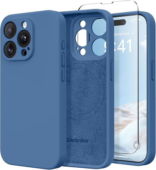 Magnetic for iPhone 15 Pro Case, Compatible with MagSafe, [Full Camera Protection][Screen Protector] Silicone Shockproof Protective Phone Case for iPhone 15 Pro 6.1", Lake Blue