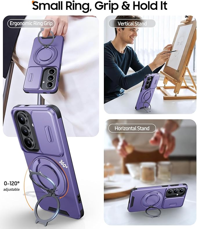 JAME for Samsung Galaxy S26 Case, Ring Holder Stand Kickstand, Slide Camera Cover with Screen Protector, Dual-Layer Shockproof Protective, Magnetic Accessory Friendly Galaxy S26 Phone Case, Purple