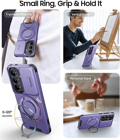 JAME for Samsung Galaxy S26 Case, Ring Holder Stand Kickstand, Slide Camera Cover with Screen Protector, Dual-Layer Shockproof Protective, Magnetic Accessory Friendly Galaxy S26 Phone Case, Purple