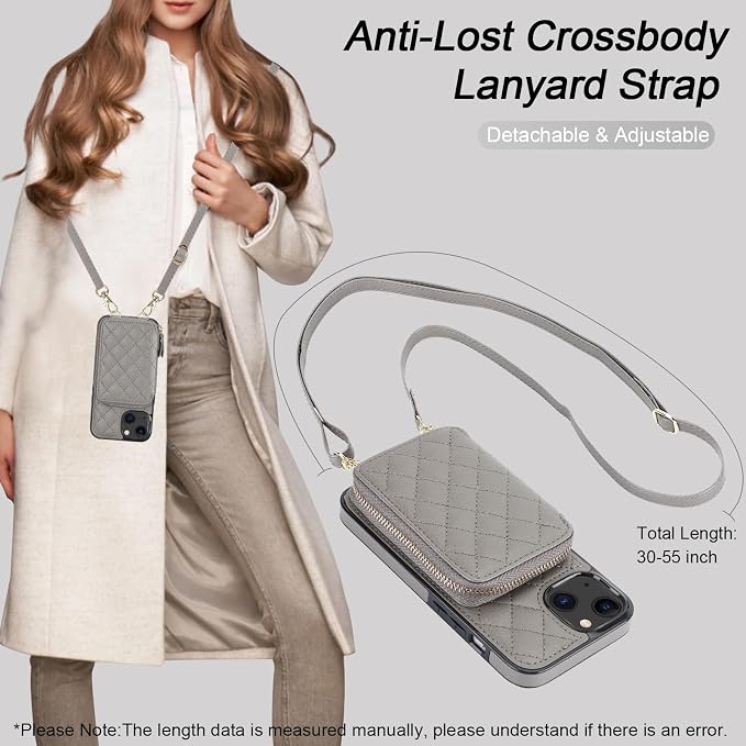 Bocasal Crossbody Wallet Case for iPhone 13, RFID Blocking PU Leather Zipper Handbag Purse Flip Cover, Kickstand Folio Case with Card Slots Holder Wrist Strap Lanyard 5G 6.1 Inch (Grey)