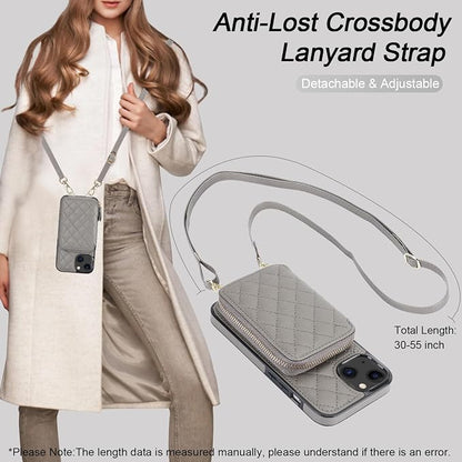 Bocasal Crossbody Wallet Case for iPhone 13, RFID Blocking PU Leather Zipper Handbag Purse Flip Cover, Kickstand Folio Case with Card Slots Holder Wrist Strap Lanyard 5G 6.1 Inch (Grey)