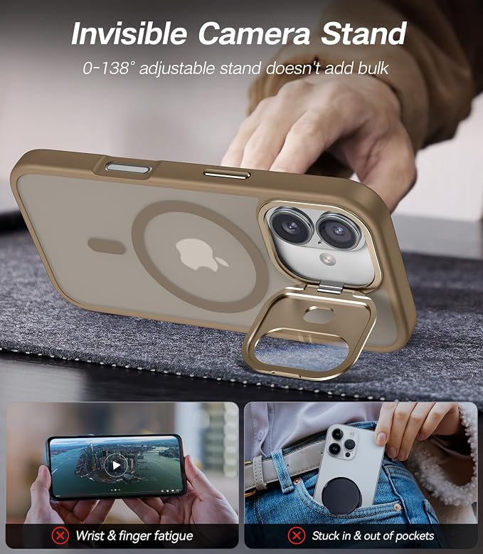 [Upgraded] for iPhone 16 Case with Camera Cover Stand [Fit for MagSafe][9H Camera Lens Protector] Mil-Grade Protection Translucent Matte Silicone Magnetic iPhone 16 Phone Case, Rose Gold