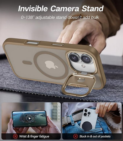 [Upgraded] for iPhone 16 Case with Camera Cover Stand [Fit for MagSafe][9H Camera Lens Protector] Mil-Grade Protection Translucent Matte Silicone Magnetic iPhone 16 Phone Case, Rose Gold