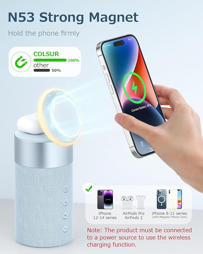 COLSUR Bluetooth Speaker, Magnetic Wireless Charger, Bluetooth Speakers with Night Light, 2 in 1 Wireless Charging Station for iPhone 17/16/15/14/13/12 Series, AirPods Pro 2/4/3/2（Gift Ideal）