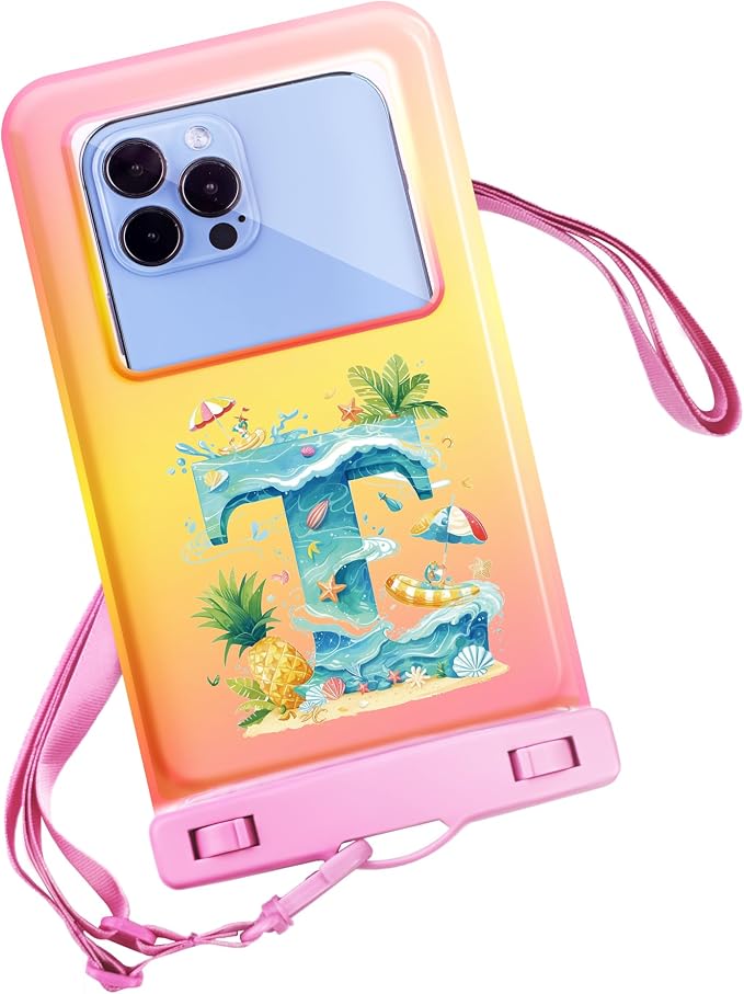 Personalized Initial Waterproof Phone Pouch Case - IPX8 Cellphone Dry Bag with Lanyard for iPhone 16/15/14/13/12 Pro Max (6.1–6.9"), Beach & Cruise Ship Essentials with Monogrammed Design (Pink, T)
