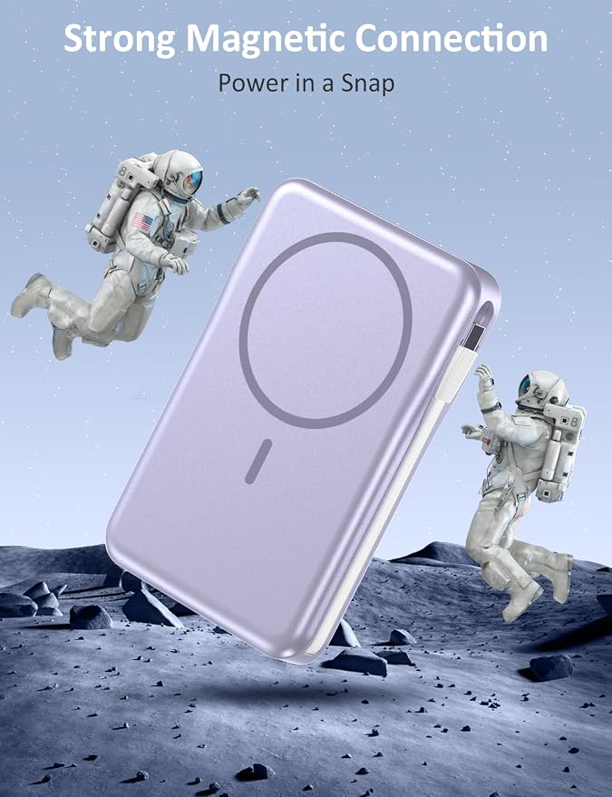 Magnetic Portable Charger, 10000mAh Power Bank, 5 in 1 Portable Charger with Built in Cable, 20W Fast Charging for Magsafe Battery Pack Compatible with iPhone 17/16/15/14/13/12 Pro/Pro Max-Lavender