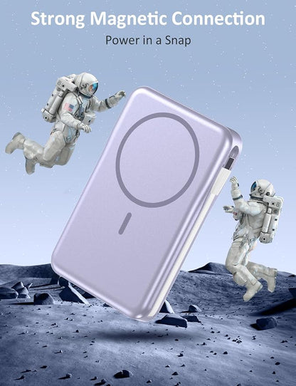 Magnetic Portable Charger, 10000mAh Power Bank, 5 in 1 Portable Charger with Built in Cable, 20W Fast Charging for Magsafe Battery Pack Compatible with iPhone 17/16/15/14/13/12 Pro/Pro Max-Lavender