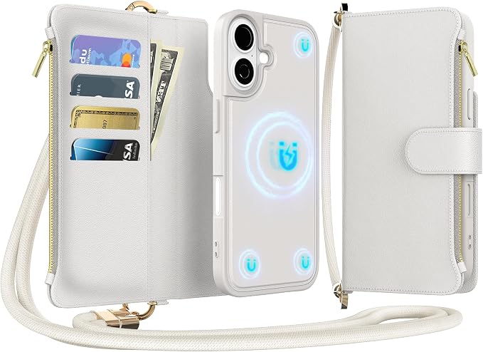 for iPhone 16 (6.1 inches) Detachable Wallet Case with Crossbody.Multi-Function 2 in 1 Magnetic Wallet Case with Card Holder.Flip Strap Zipper Phone Case with Shoulder Straps