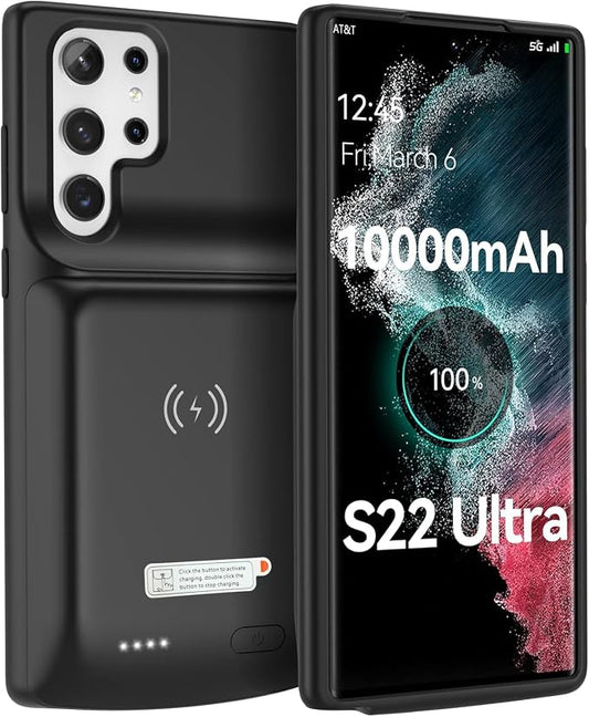 NEWDERY for Galaxy S22 Ultra Battery Case 10000mAh, Qi Wireless Charging & Fast Charging Supported, Powerful Rechargeable Charger Cover for Samsung S22 Ultra 5G-6.8" Black