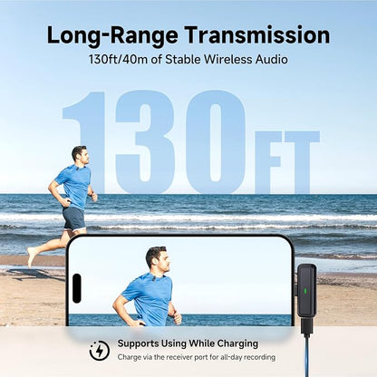 3 in 1 Wireless lavalier Microphone for Camera iPhone Android Phone Mini Microphones,130ft 16h Battery, Noise Canceling Lapel Mic System for Speaker Recording Video Facebook tiktok