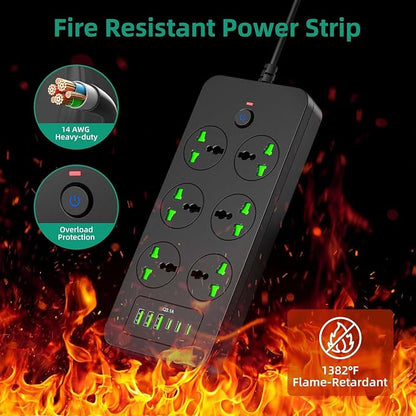 Power Strip with 6 Universal Outlets 3 USB 3 USB C Ports, 3.1A, Overload Protection, 3000w, 110-240v, International Power Adapter for Home Office Travel Essentials, US Flat Plug, Black