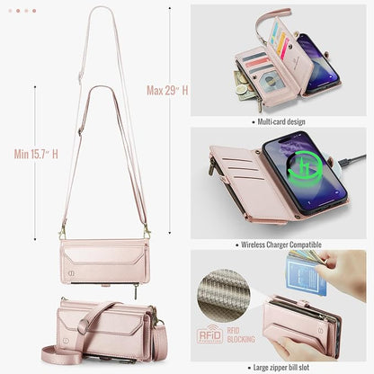 Strapurs Wallet Case Compatible with iPhone 17 Pro Max 6.9" RFID Blocking 10-Card Holder Soft PU Leather Magnetic Snap Shoulder Strap Zipper Pocket Phone Case Fit for iPhone 17 Pro Max - Rose Gold
