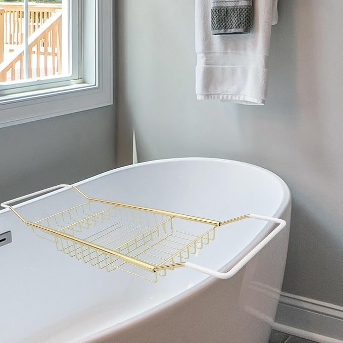 COHEALI Adjustable Stainless Steel Bathtub Tray with Anti-Slip Grips Expandable Tub Rack Storage Holder for Phone Soap Towels Versatile Bathroom Shelf for Books Tablets Wine Glasses Gold